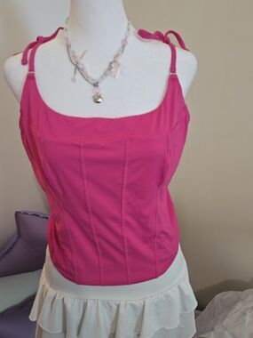 Gilly Hicks Hot Pink Corset Top Tie Shoulder Boning Barbiecore XL Curvy Rare